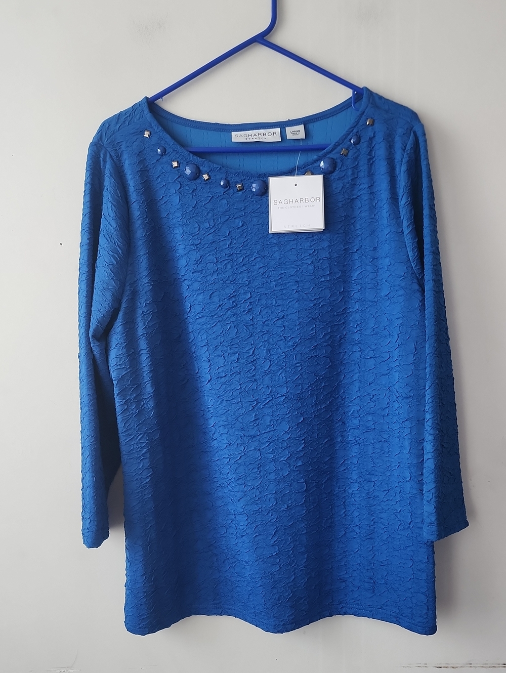 Sag Harbor Blue Embellished Textured Long Sleeve Top